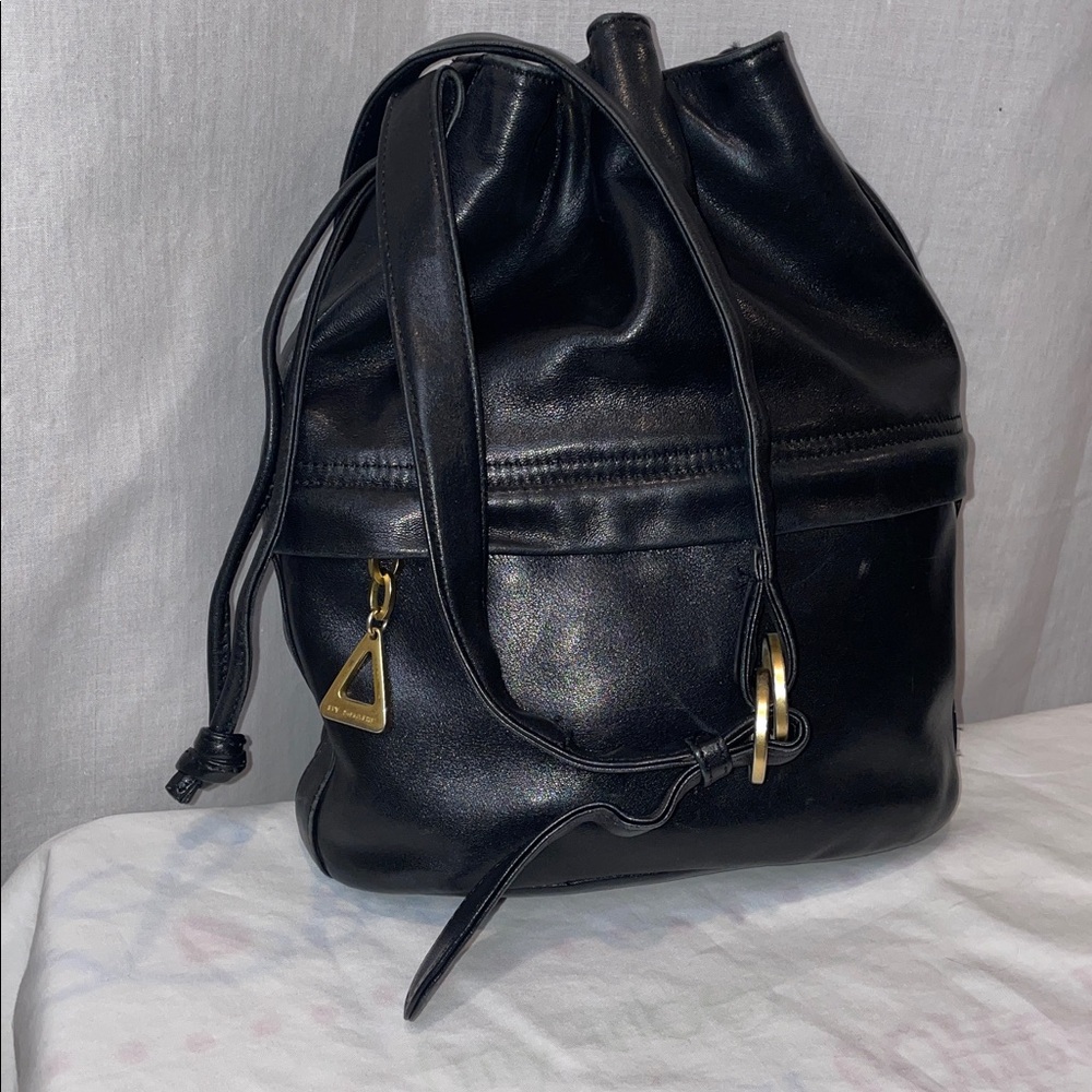 AMERICANA BY SHARIF SMOOTH BLACK LEATHER BUCKET BAG GOLD HARDWARE